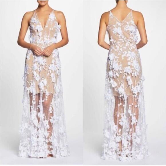 Dress The Population Sidney Illusion Skirt Floral Appliqué Lace Gown size Small - Picture 1 of 8